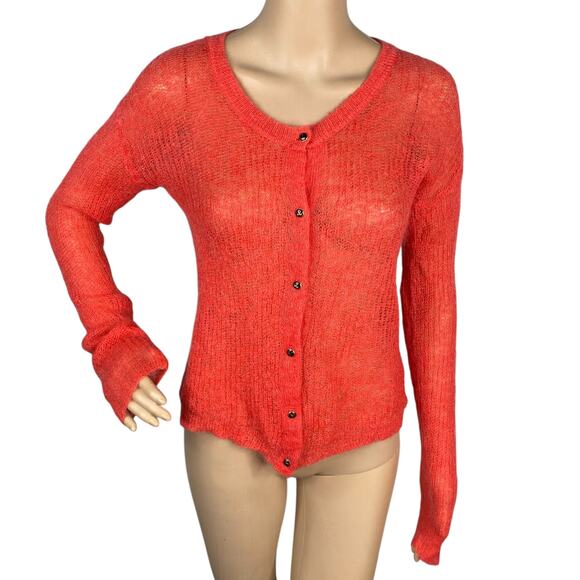 Scotch & Soda Coral Red Loose Knit Lightweight Fuzzy Mohair Cardigan SZ S/M - Picture 1 of 9